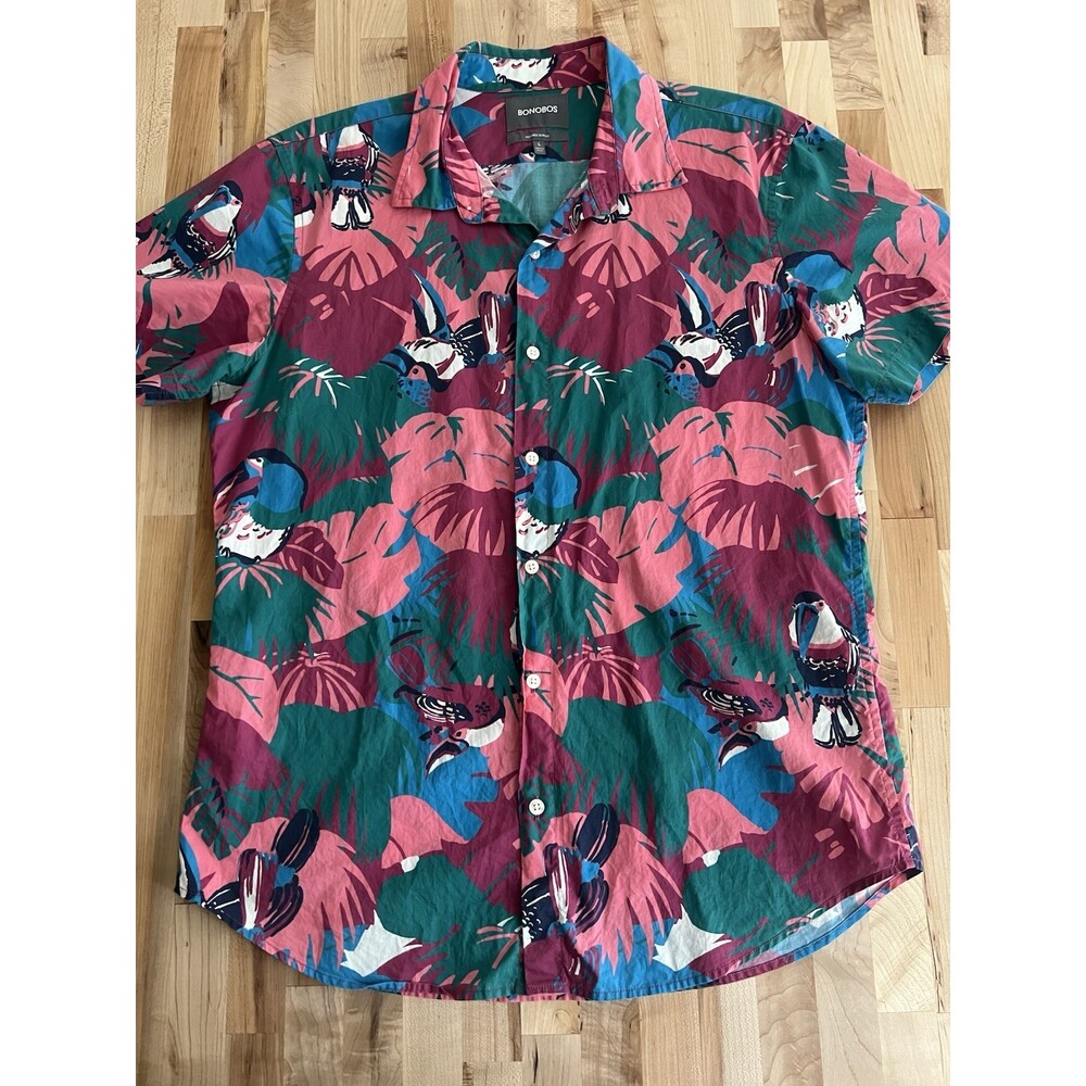 Bonobos Tailored Slim Fit Button Up Shirt Colorful Tropical Hawaiian Pink Blue L